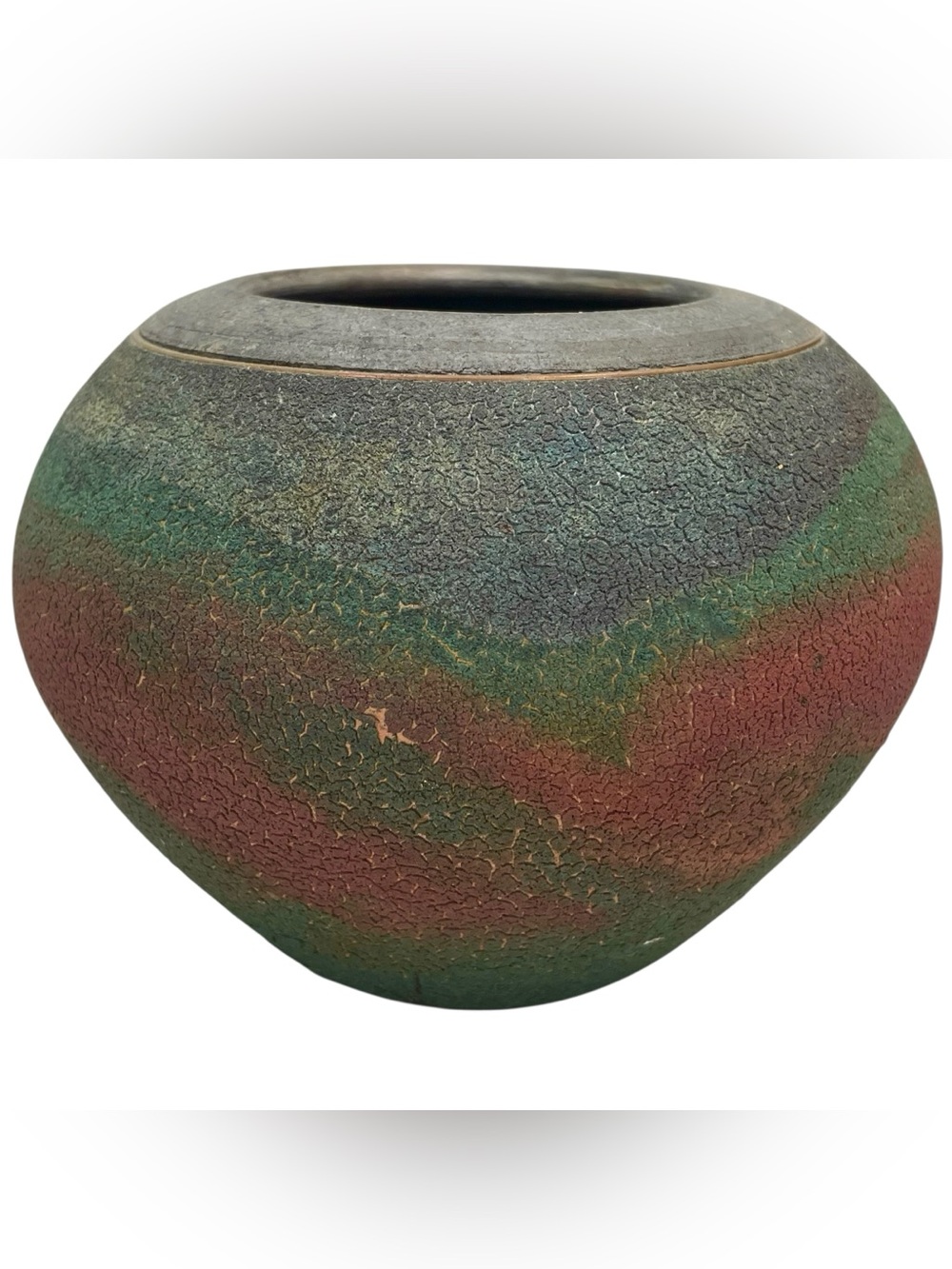 Vintage 1990s Signed Raku Fired Pottery Art Bulbous Vase Colorful Crackle Finish